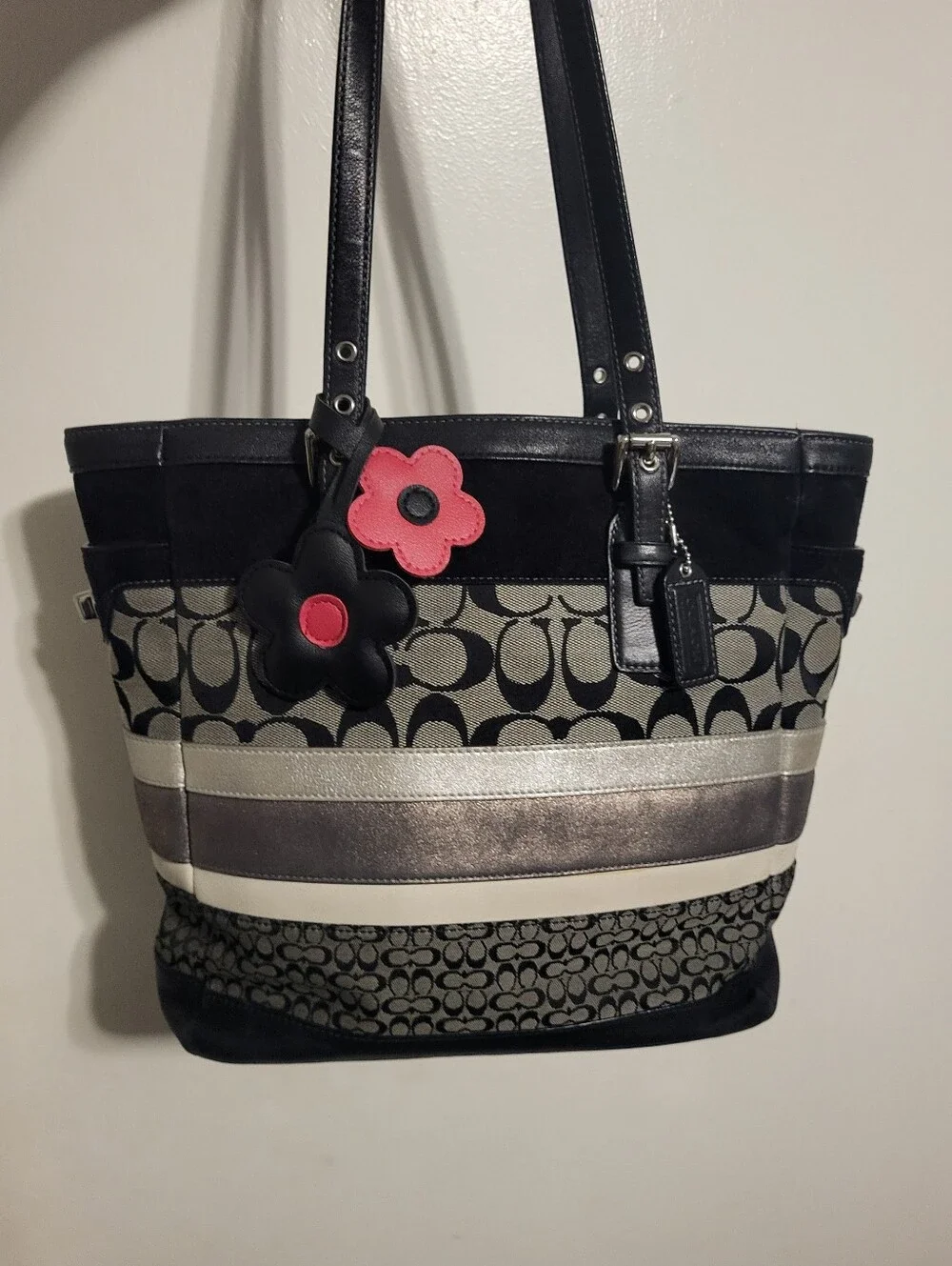 Coach Signature Stripe Mixed Media Medium Tote